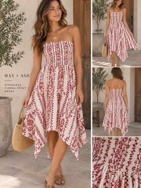 Max + Ash Strapless White Dress Red Floral Print sexy summer casual cotton S
